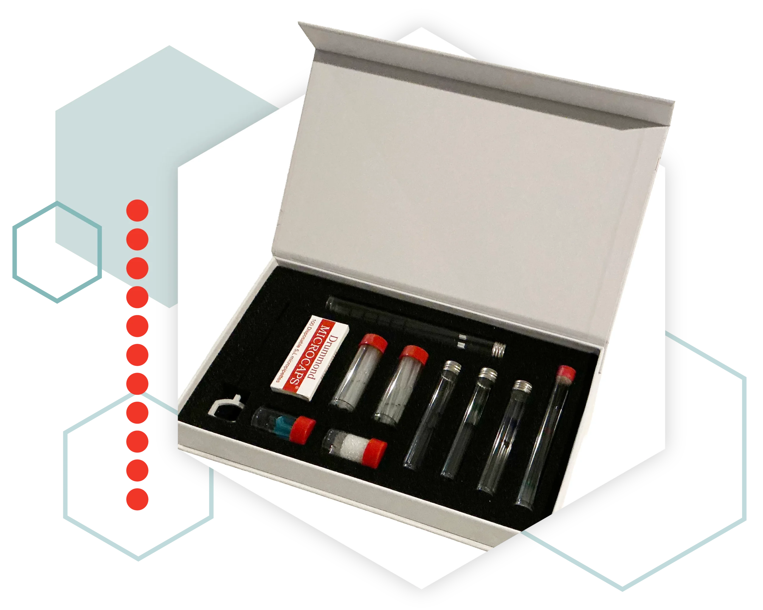 Sample Handling Kit- open box with decorative geometric shapes behind it