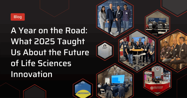 Blog graphic titled ‘A Year on the Road: What 2025 Taught Us About the Future of Life Sciences Innovation,’ featuring Drummond Scientific team members at conferences, panels, and industry events across the life sciences and medtech community.